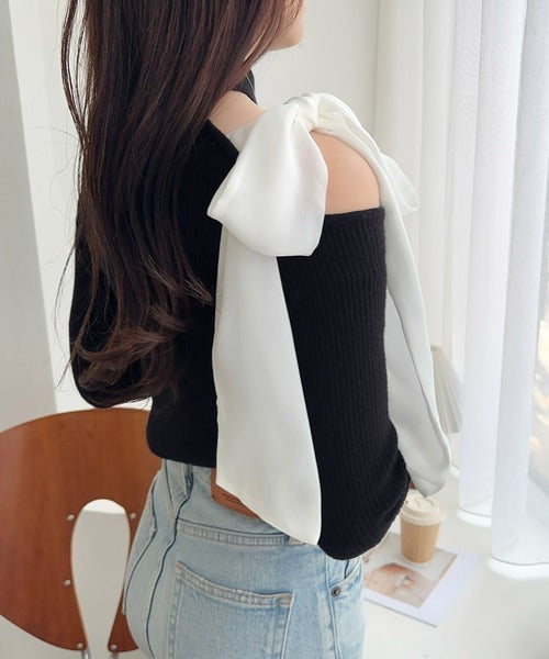 【mily bilet】大人フェミニンの主役トップス。肩シフォンリボン袖レース使いリブニット mi1029170