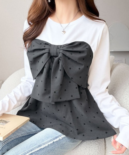 【mily bilet】心ときめく、ビッグリボン♪フロントリボン ドッキング長袖Tシャツ mi1269019