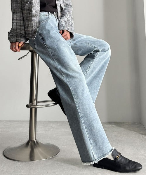 【Classical Origin】「スタイル盛れる。」ブラスト＆裾フリンジ加工ストレッチ素材スリムフレアデニムパンツ／Blasted & Fringed Stretch Slim Flare Denim Pants co0900008