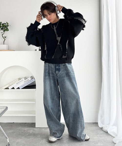 【classical origin】「着るだけで、印象派」。フリンジデザイン配色オーバーサイズニット（長袖）/Fringe design oversized long sleeve knit ao1260444