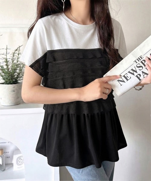 甘さを仕込む、大人の余裕。綿100％シルケット加工×シアーフリル切替オーバーサイズペプラムTシャツ（半袖） ce1410008