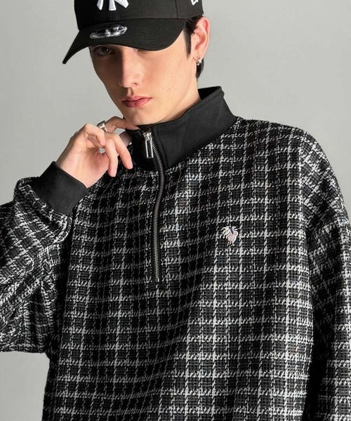 【Classical Origin】「上品カジュアル」。裾ドロスト付きツイード素材ハーフジッププルオーバー（長袖）/Tweed Fabric Drawcord Half-Zip Pullover co1010032