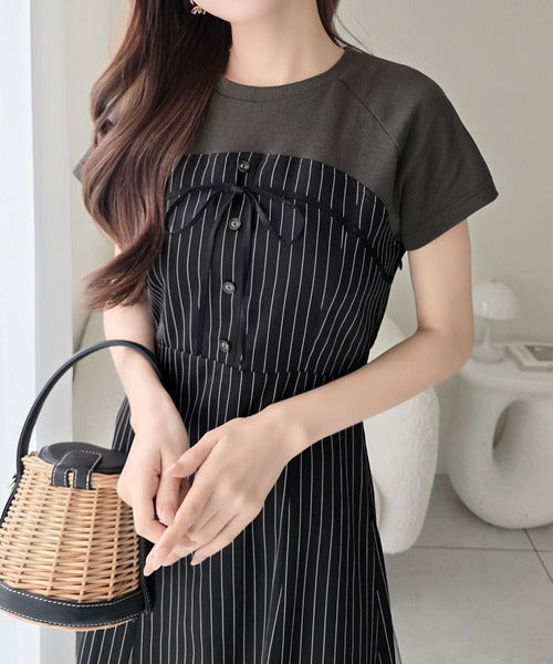 【mily bilet】こなれ感抜群の最旬レイヤード。Tシャツレイヤード風 ストライプドッキング フレアワンピース (ロング丈) mi1019129