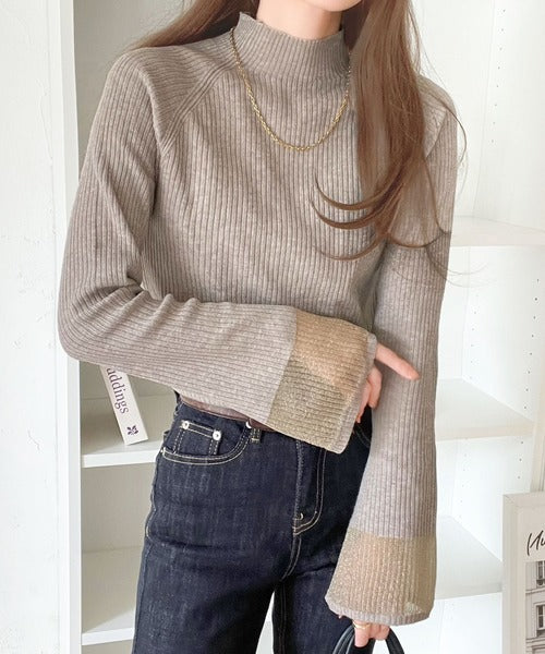 動くたび大人フェミニン。袖シアーハイネックリブニット ce1020154