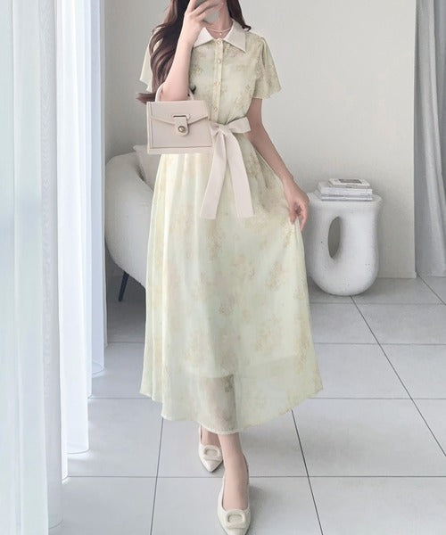 【mily bilet】夏を涼む相棒ワンピ♪水彩フラワーが上品。シアーフローラル バックリボンワンピース (長袖) (ロング) mi1139101