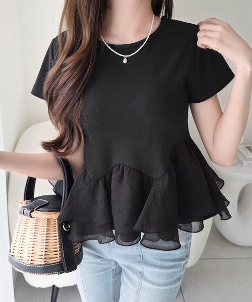 【mily bilet】可憐に揺れて、ときめきを纏う♪前後2wayペプラム切替フリルデザインTシャツ（半袖） mi1019140
