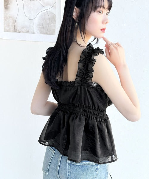 【mily bilet】愛され大人フェミニン。リボン使いフリルオーガンジービスチェキャミソール mi1019072