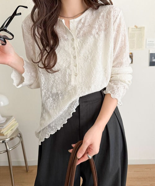 コーデに花を咲かせる♪花柄シアージャガードヘンリーネックフリル使いトップス（長袖） ce1010687