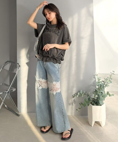 【mily bilet】甘辛バランスが叶う！綿100％ゆるシルエット裾ドロストフリルプリントTシャツ mi1329075