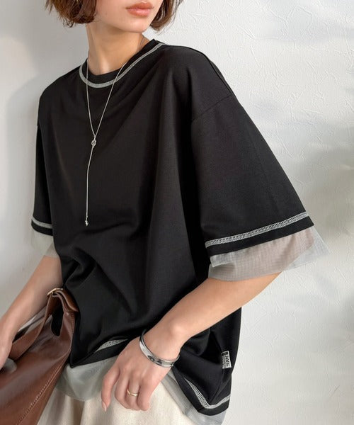 《JaVa ジャバコラボ》異素材ミックスで魅せる、大人のこなれ感。チュールドッキング配色ステッチトップス（半袖） jv1330094