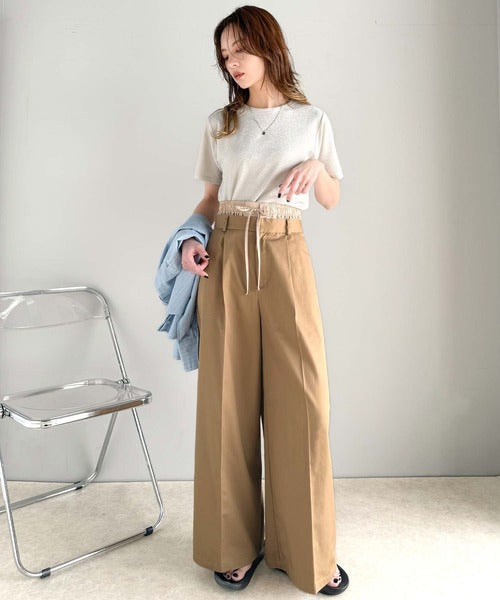 上品なシルエットの優秀パンツ♪Wベルト異素材スラックスワイドパンツ ce0940219