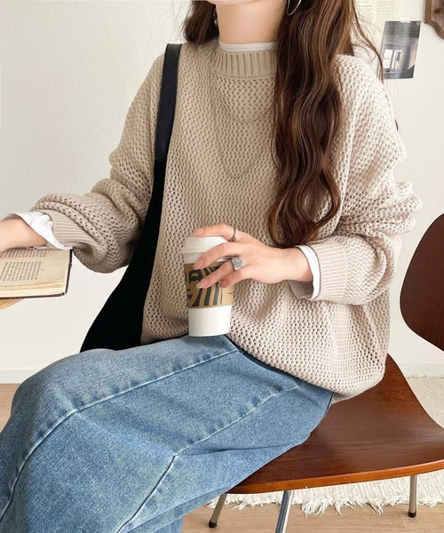 《JaVaジャバコラボ》肌見せも着心地も、大人仕様。ルーズシルエットメッシュ編みニット（長袖） jv1380001