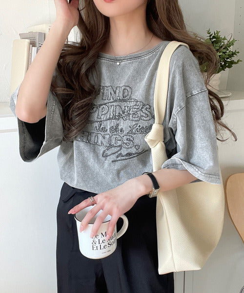 綿100%メンズライクヴィンテージウォッシュ☆前後2way刺繍ワイドネックTシャツ ce1260421