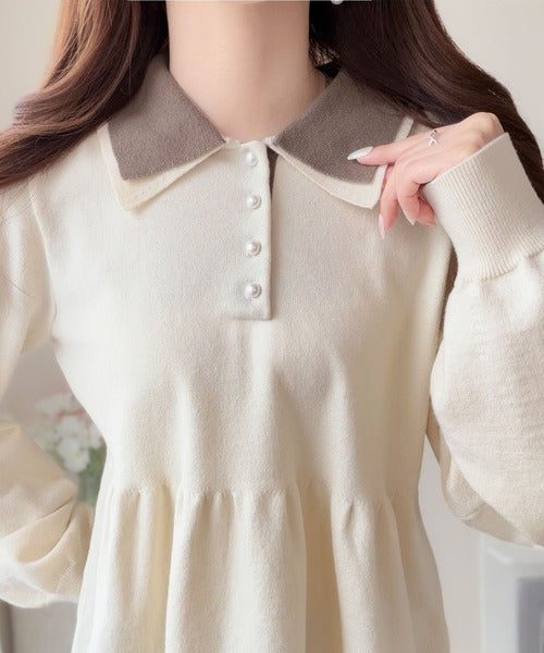 【mily bilet】衿でときめき、裾で華やぐ。パール調ボタン配色ダブルカラーペプラムニット（長袖） mi1359072