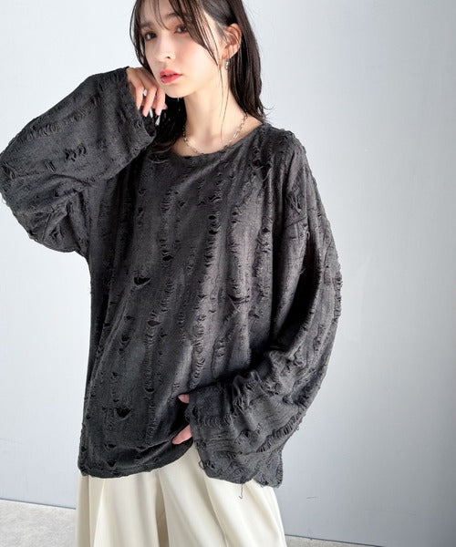 グランジを楽しむ旬スタイル。ダメージ加工ビッグシルエットジャカードカットソーTシャツ（長袖） cm1010420