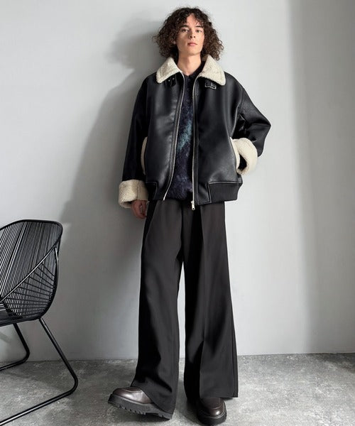 【Classical Origin】「ずっしりかっこいい。」2way襟ボア切り替えフェイクレザージャケット／2way Boa Collar Faux Leather Jacket co1150081
