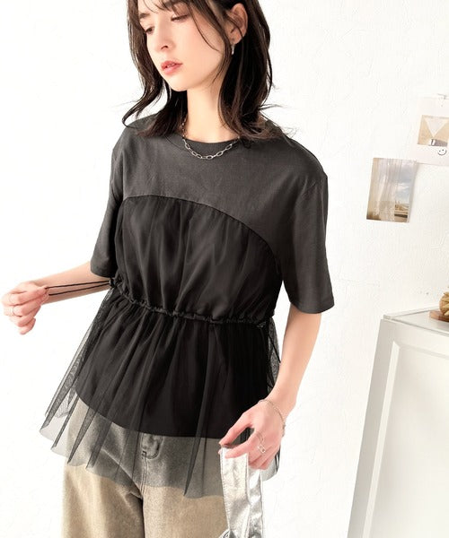 1枚で主役級！綿100%Tシャツ+チュールドッキングドロスト使いトップス(半袖） ce1260379