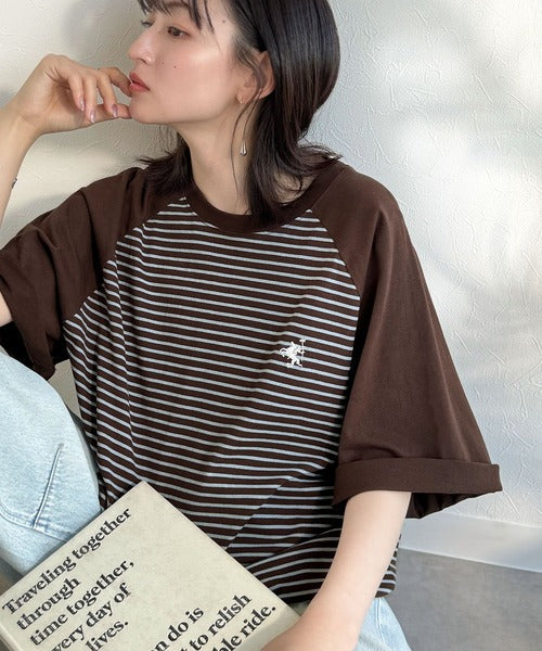 《JaVaジャバコラボ》お洒落迷子の救世主。綿100％胸刺繍ラグラン配色ボーダーTシャツ jv1260558