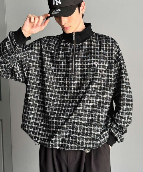 【Classical Origin】「上品カジュアル」。裾ドロスト付きツイード素材ハーフジッププルオーバー（長袖）/Tweed Fabric Drawcord Half-Zip Pullover co1010032