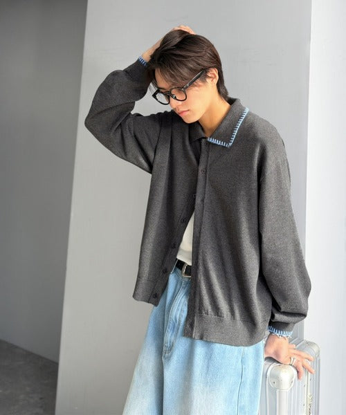 《JaVaジャバコラボ》さりげない配色で着こなしに差を。ステッチ配色ショート丈ニットシャツ jo1150087