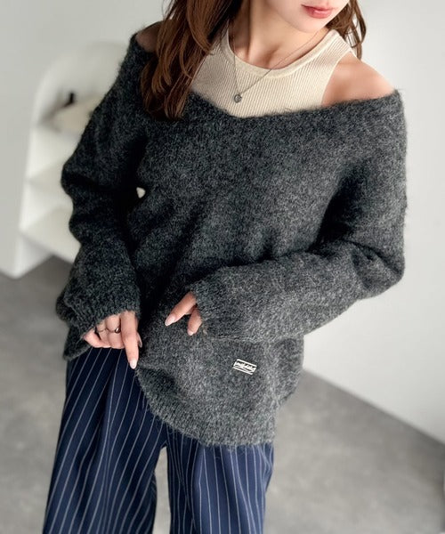 【mily bilet】洗練されたレイヤードスタイル！プレート使い異素材ニットレイヤードオフショル見せアンサンブルニット mi1029143