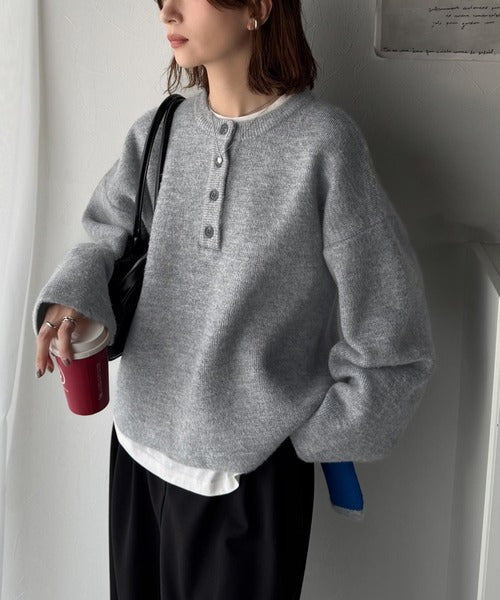 自然な華奢見え。さりげない配色でこなれ感を演出♪ダブルフェイス素材クルーネック配色ニットプルオーバー（長袖） ce1380004