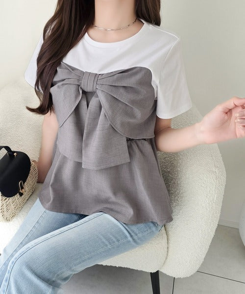 【mily bilet】一枚でサマになる。 フロントリボン布帛コンビ半袖Tシャツ mi1269018