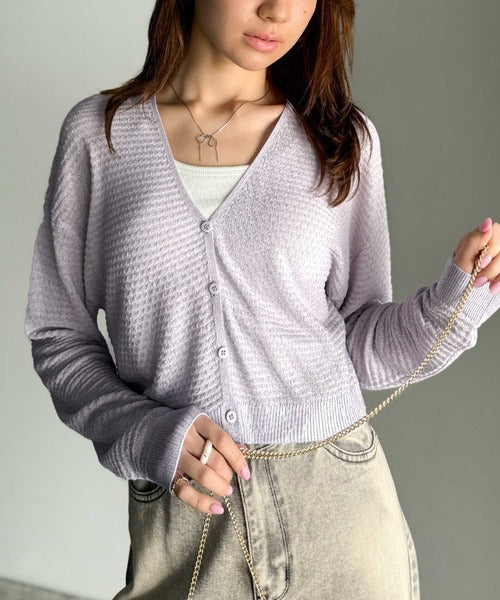 【mily bilet】抜け感とキラ感、どっちも欲張るのが正解◎箔プリントメッシュショート丈Vネックカーディガン(長袖) mi1259016