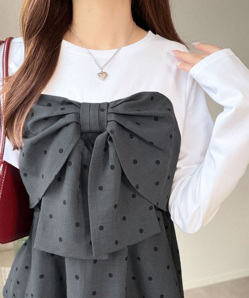 【mily bilet】心ときめく、ビッグリボン♪フロントリボン ドッキング長袖Tシャツ mi1269019