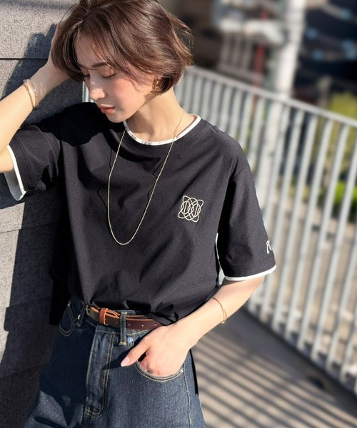 【接触冷感・吸水速乾・UVカット機能付き】リッチカジュアルなアイテム。ダブルカラーポイント刺繍TEE ce1110189