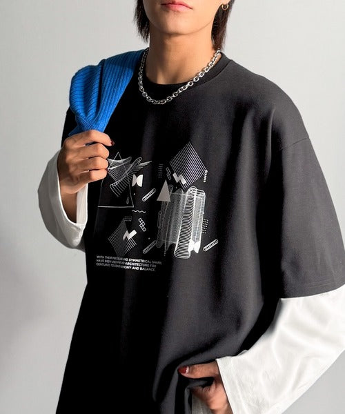 【Classical Origin】幾何学柄ポンチ素材レイヤードTシャツ(長袖)／Geometric Pattern Ponte Layered T-Shirt co1150050