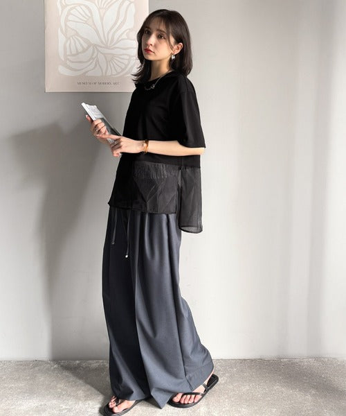 春夏に涼しさ引き立てる透け感が◎裾シアー切り替えライトダンボール半袖Tシャツ ce1110116