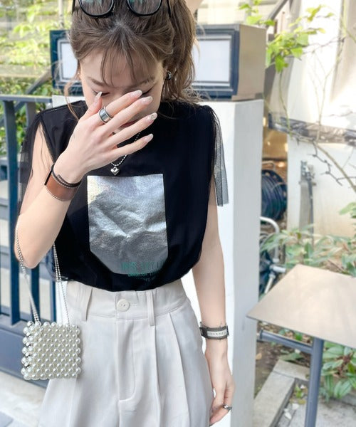 【mily bilet】1枚で上級お洒落style。チュール重ね着風シルバー箔プリントTシャツ mi1149050