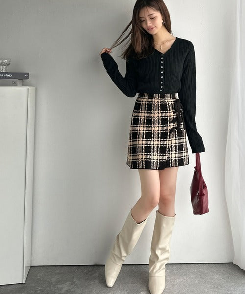 【mily bilet】旬なクラシカルムード◎巻きスカート風リボン使いチェックニットミニスカート mi1029169