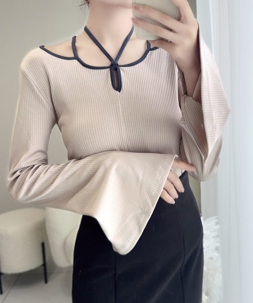 【mily bilet】程よい肌見せで女性らしく。チョーカー使いパイピング配色袖フレアカットソー mi1249001
