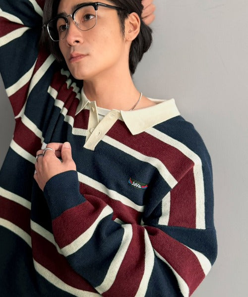 《JaVaジャバコラボ》1枚で洗練された大人の余裕を演出。配色ボーダー柄ポロ襟スウェットライクニット（長袖） jo1250006