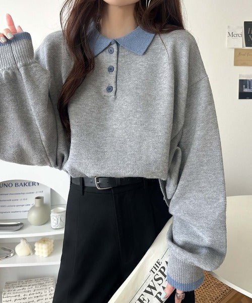 《JaVaジャバコラボ》たっぷりポロが可愛い。配色襟付きヘンリーオーバーサイズニット (長袖) jv1350020