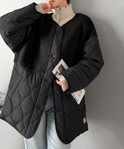 《JaVaジャバコラボ》軽くて暖かい、旬顔ボア切替♪ノーカラーひょうたんキルティングコート jv1240103