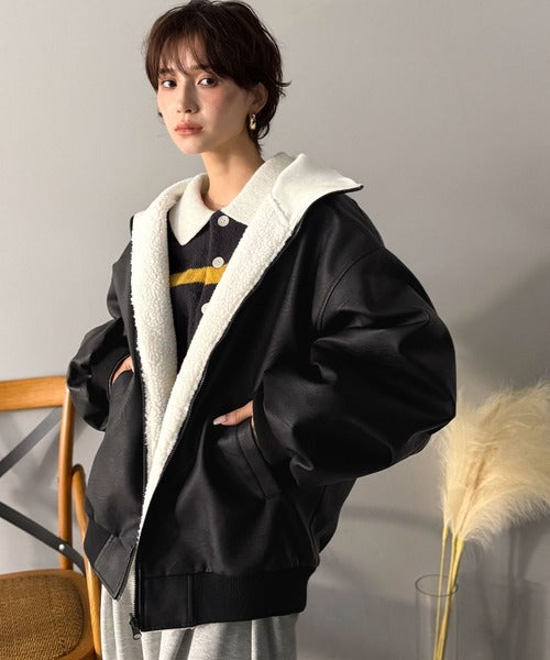 《JaVaジャバコラボ》気分に合わせて変化を楽しむ。2wayフェイクレザー×ボアリバーシブルブルゾン jv1010525