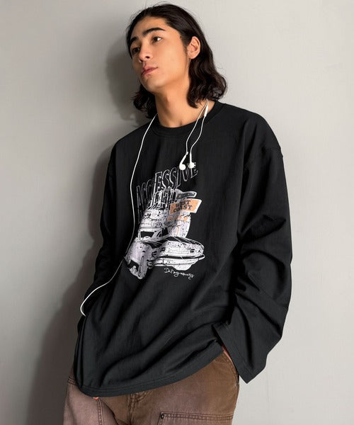 《JaVaジャバコラボ》ヴィンテージ感漂う綿100%クラシックカーグラフィックTシャツ（長袖） jo1150067