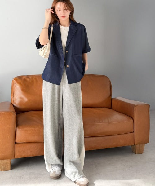 【mily bilet】【速乾機能・接触冷感機能付き】ほのかな光沢と落ち感。ドルマンハーフスリーブテーラードデニムジャケット(セットアップ可能) mi1329068