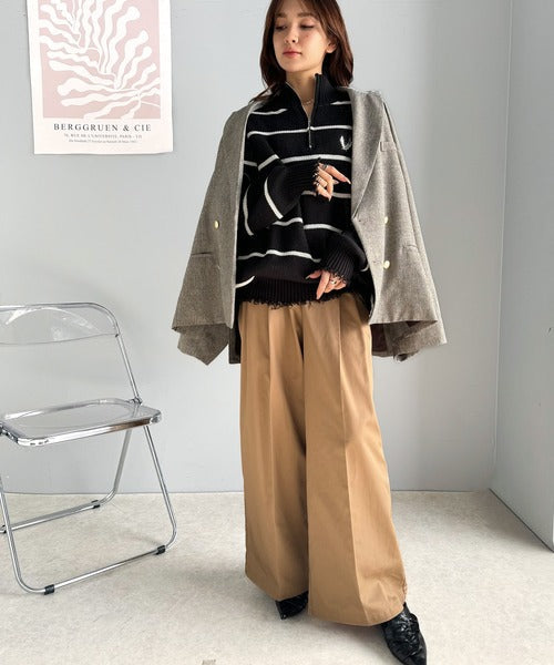 【mily bilet】こなれ感のある大人カジュアルが完成。ハーフジップクラッシュ加工ボーダープルオーバー(ニット) mi1259010