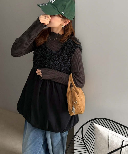 そのふわふわ、反則級。異素材ドッキングで一枚主役。フェザージャガード×ベロアツイルドッキングチュニック ce1010678