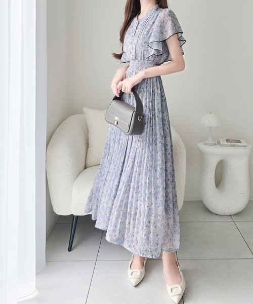 【mily bilet】水彩調の花柄が目を惹く、大人の袖フリルプリーツワンピース（半袖） mi1139116