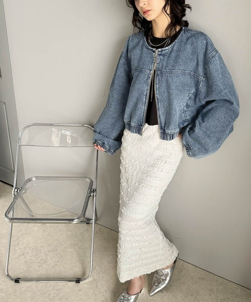 首元すっきり、大人スタイリッシュ。綿100%ダブルジップノーカラー短丈デニムジャケット(ショート丈) ce1010371