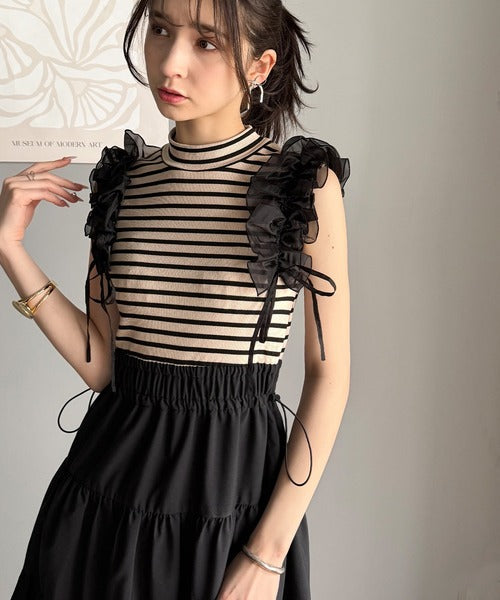 【mily bilet】一枚で大人可愛く決まる。フリル切り替えドッキングワンピース（ノースリーブ） mi1019091