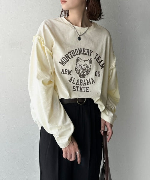 レディなヴィンテージスタイル。綿100％カレッジピグメント袖フリルTシャツ ce1020221