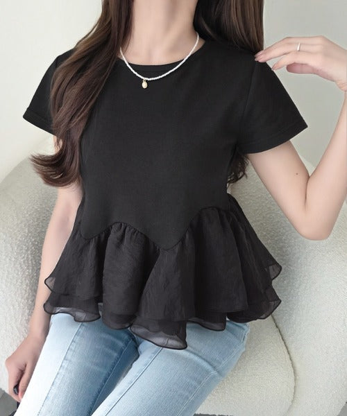 【mily bilet】可憐に揺れて、ときめきを纏う♪前後2wayペプラム切替フリルデザインTシャツ（半袖） mi1019140