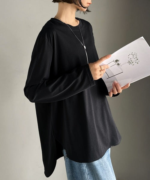 品よく、楽ちん。大人の余裕が漂う。シルケット素材 レイヤード ラウンドヘム 長袖 ロンTEE ce1020296