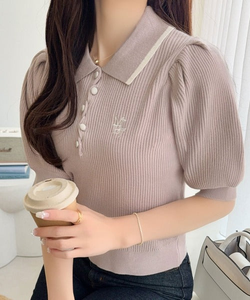 【mily bilet】配色×くすみカラーで魅せる、ずるい清楚さ。配色ラインポロニット (半袖) mi1359044